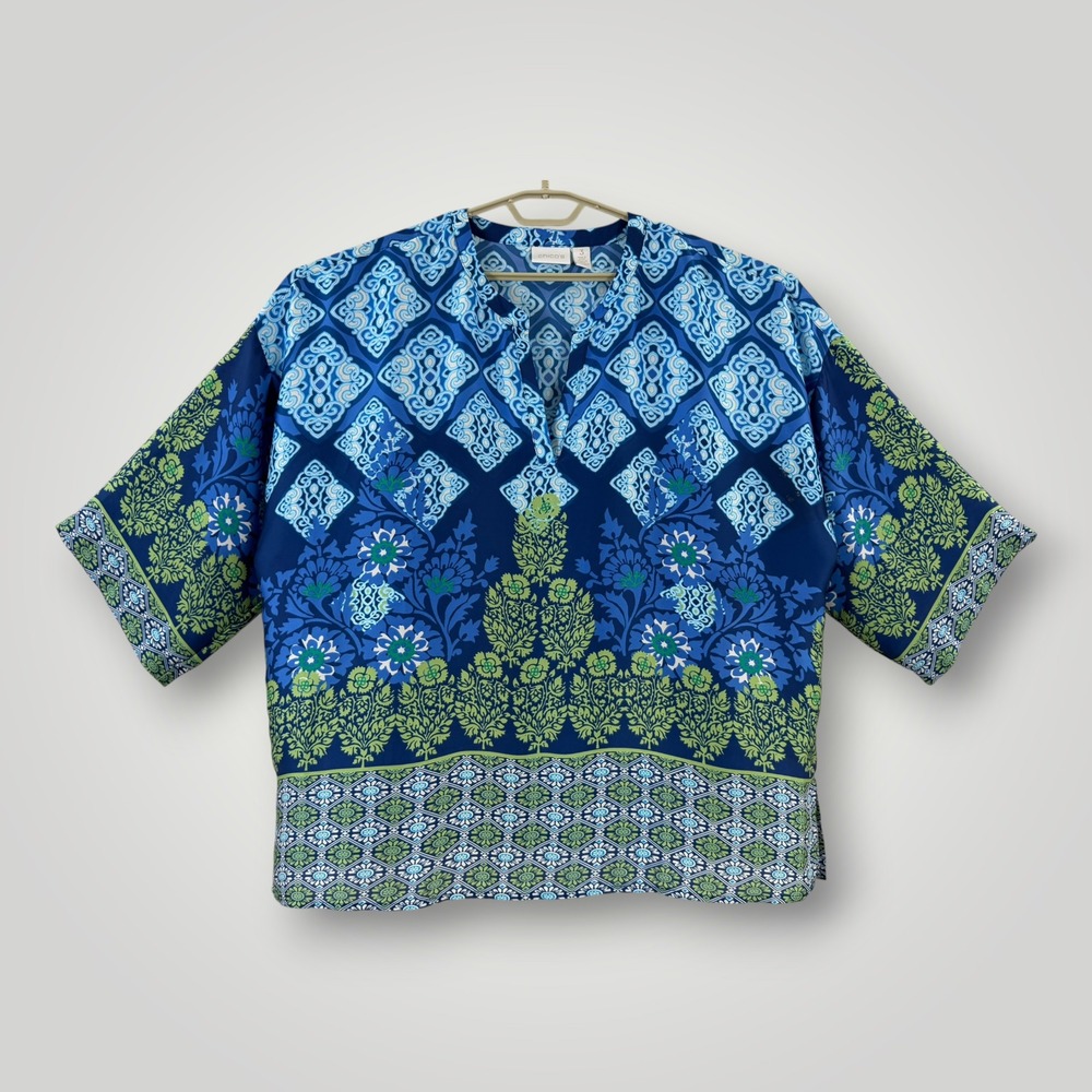 Chicos 3 Blue Green Medallion Floral V-Neck Tunic Blouse Size XL